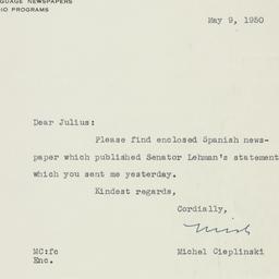 Letter: 1950 May 9