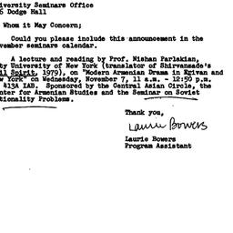 Announcements, 1979-10-10. ...