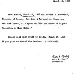 Announcements, 1969-03-10. ...