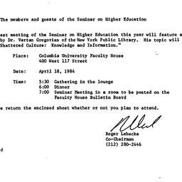Announcements, 1984-03-21. ...