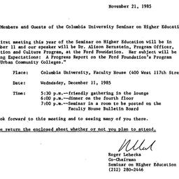 Announcements, 1985-11-21. ...