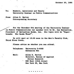 Announcements, 1964-10-30. ...
