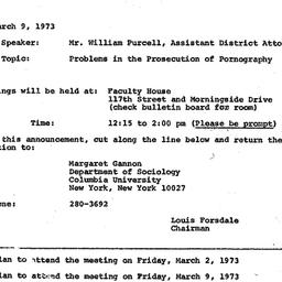 Announcements, 1973-03-09. ...
