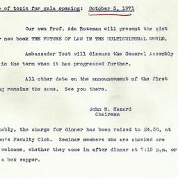 Announcements, 1971-10-05. ...