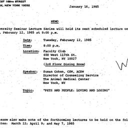 Announcements, 1985-01-16. ...