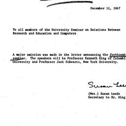 Announcements, 1967-12-11. ...