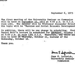 Announcements, 1973-09-06. ...