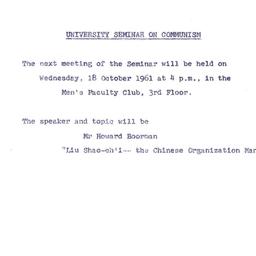 Announcements, 1961-10-18. ...
