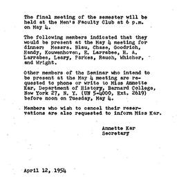 Announcements, 1954-04-12. ...