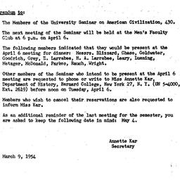 Announcements, 1954-03-09. ...