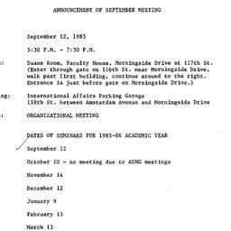Announcements, 1985-09-12. ...