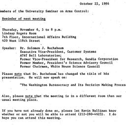 Announcements, 1986-10-22. ...