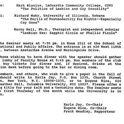 Schedules, Homosexualities,...