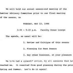 Announcements, 1986-05-13. ...