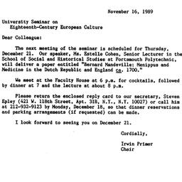 Announcements, 1989-11-16. ...