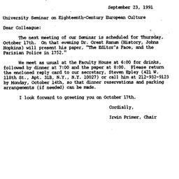 Announcements, 1991-09-23. ...