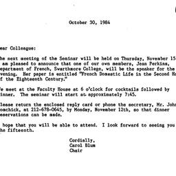 Announcements, 1984-10-30. ...