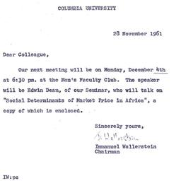 Announcements, 1960-11-28. ...