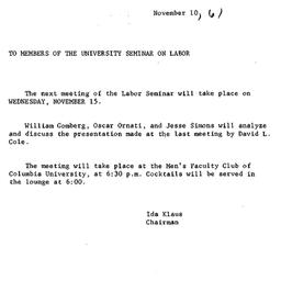 Announcements, 1961-11-10. ...