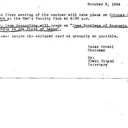 Announcements, 1964-10-05. ...