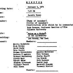 Minutes, 1974-02-04. Cinema...