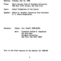 Announcements, 1969-05-13. ...