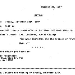 Announcements, 1987-10-29. ...