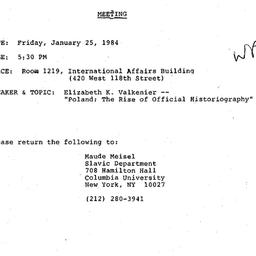Announcements, 1985-01-25. ...