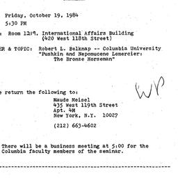 Announcements, 1984-10-19. ...