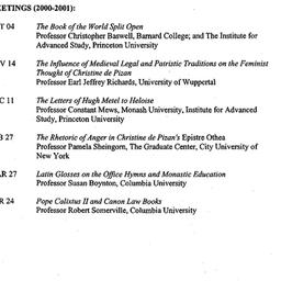 Schedules, Medieval Studies...