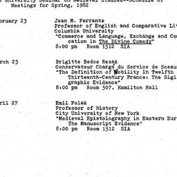 Schedules, Medieval Studies...