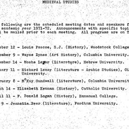 Schedules, Medieval Studies...