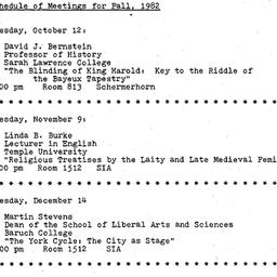 Schedules, Medieval Studies...
