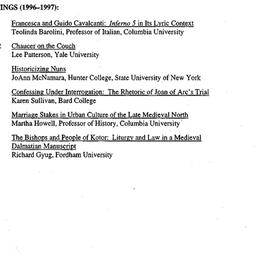 Schedules, Medieval Studies...