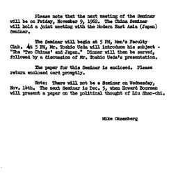 Announcements, 1962-11-09. ...