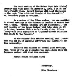 Announcements, 1962-11-19. ...