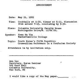 Announcements, 1982-05-21. ...