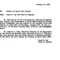 Announcements, 1962-01-12. ...