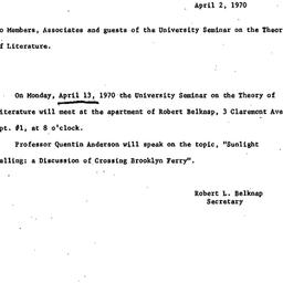 Announcements, 1970-04-02. ...