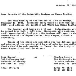 Announcements, 1985-10-29. ...