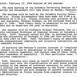 Announcements, 1984-01-30. ...