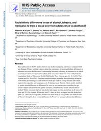 thumbnail for Keyes_Racialethnic differences in use of alcohol, tobacco, and marijuana is there a cross-over from adolescence to adulthood.pdf