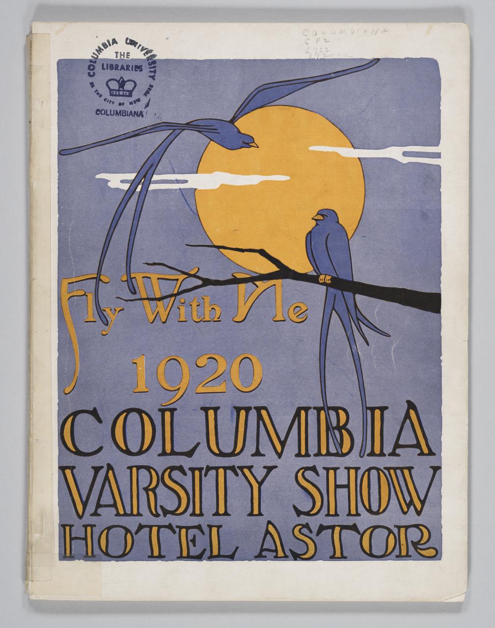 Program cover for 1920 Varsity Show. There is a bird sitting on a branch with a full orange moon behind it.