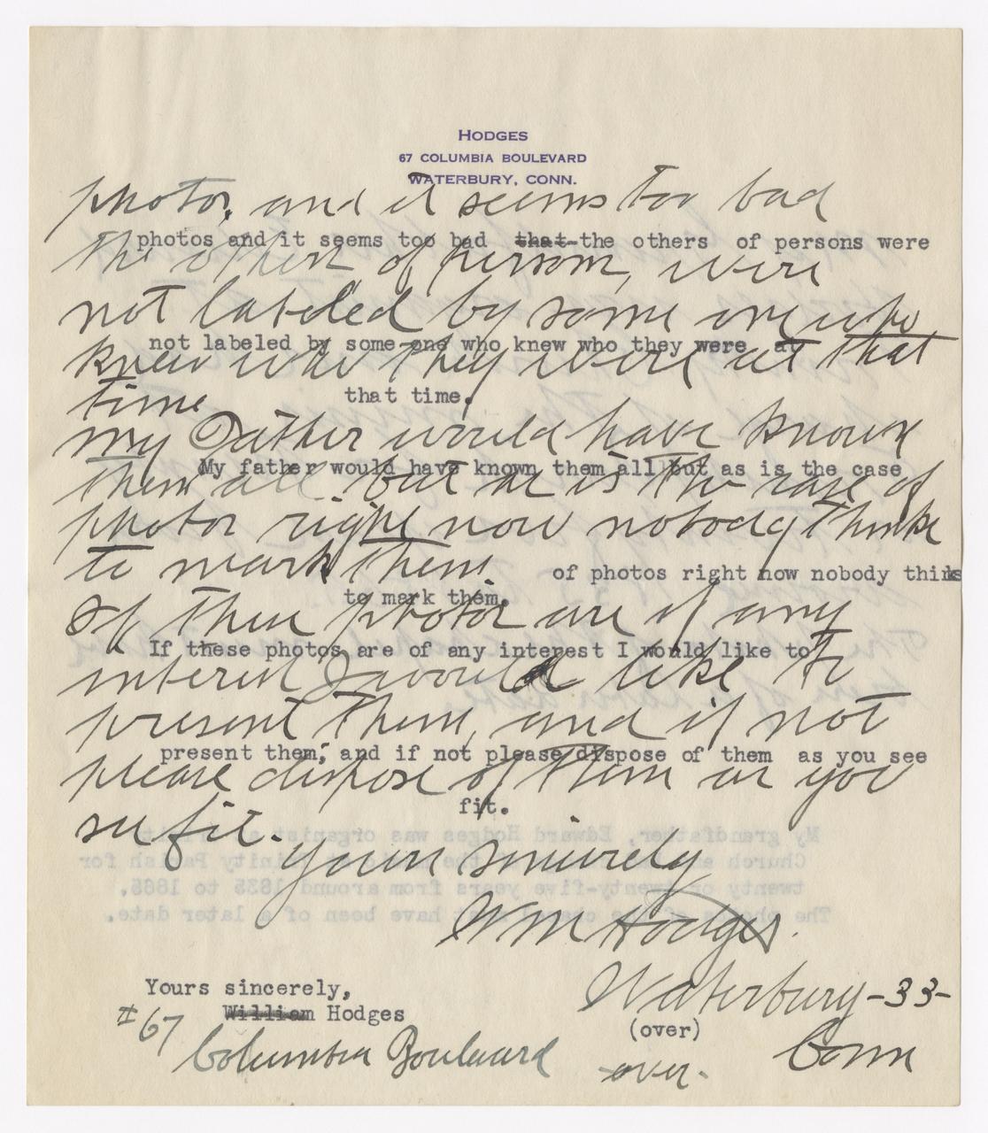 Handwritten letter from William Hodges.