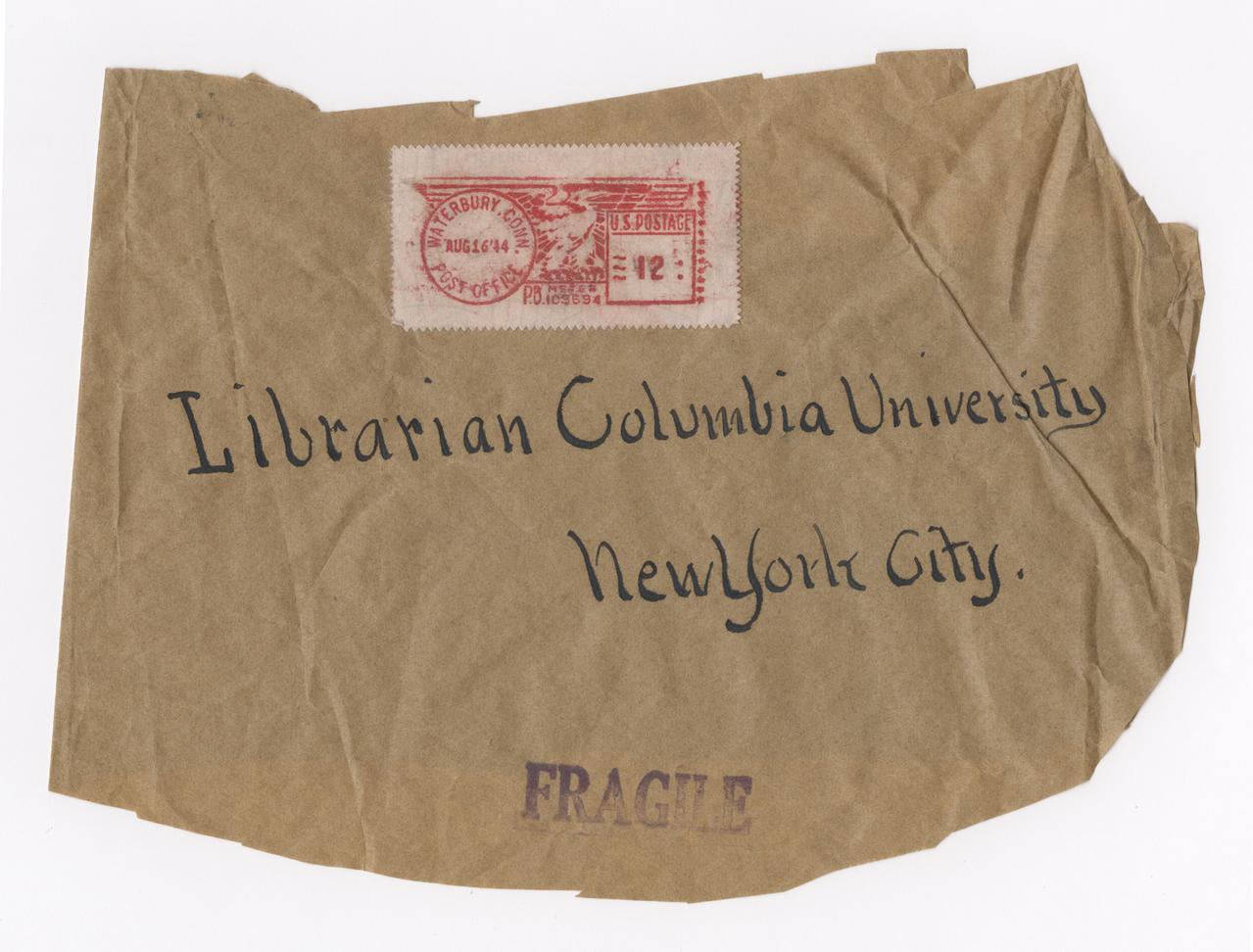 Part of the envelope addressed to the Librarian, Columbia University. It includes the post mark, August 16, 1944.