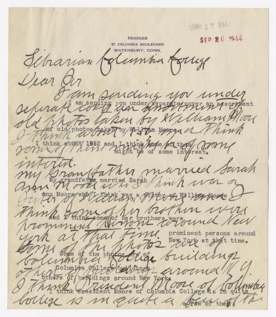 Letter from William Hodges to Librarian, Columbia College. Handwritten letter with typed text on the page.