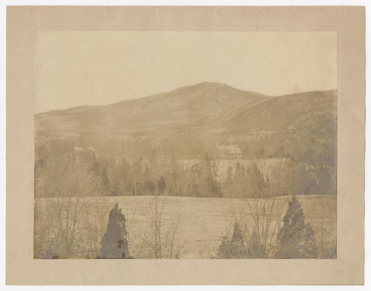 Landscape view with a cottage in the distance.
