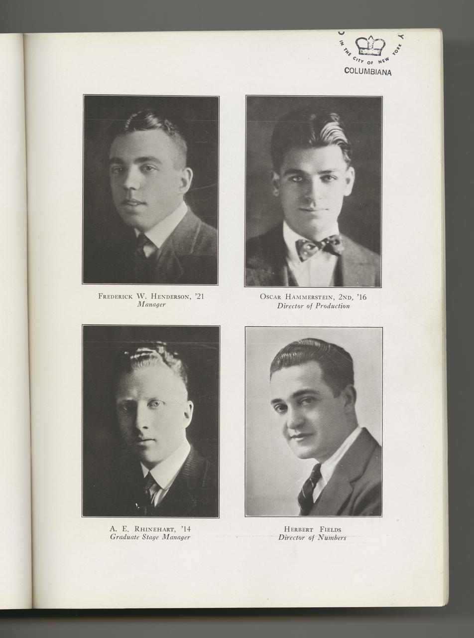 Page from 1921 Varsity Show program featuring photos of production staff. Phot of Oscar Hammerstein, 2nd is on the top right of this page.