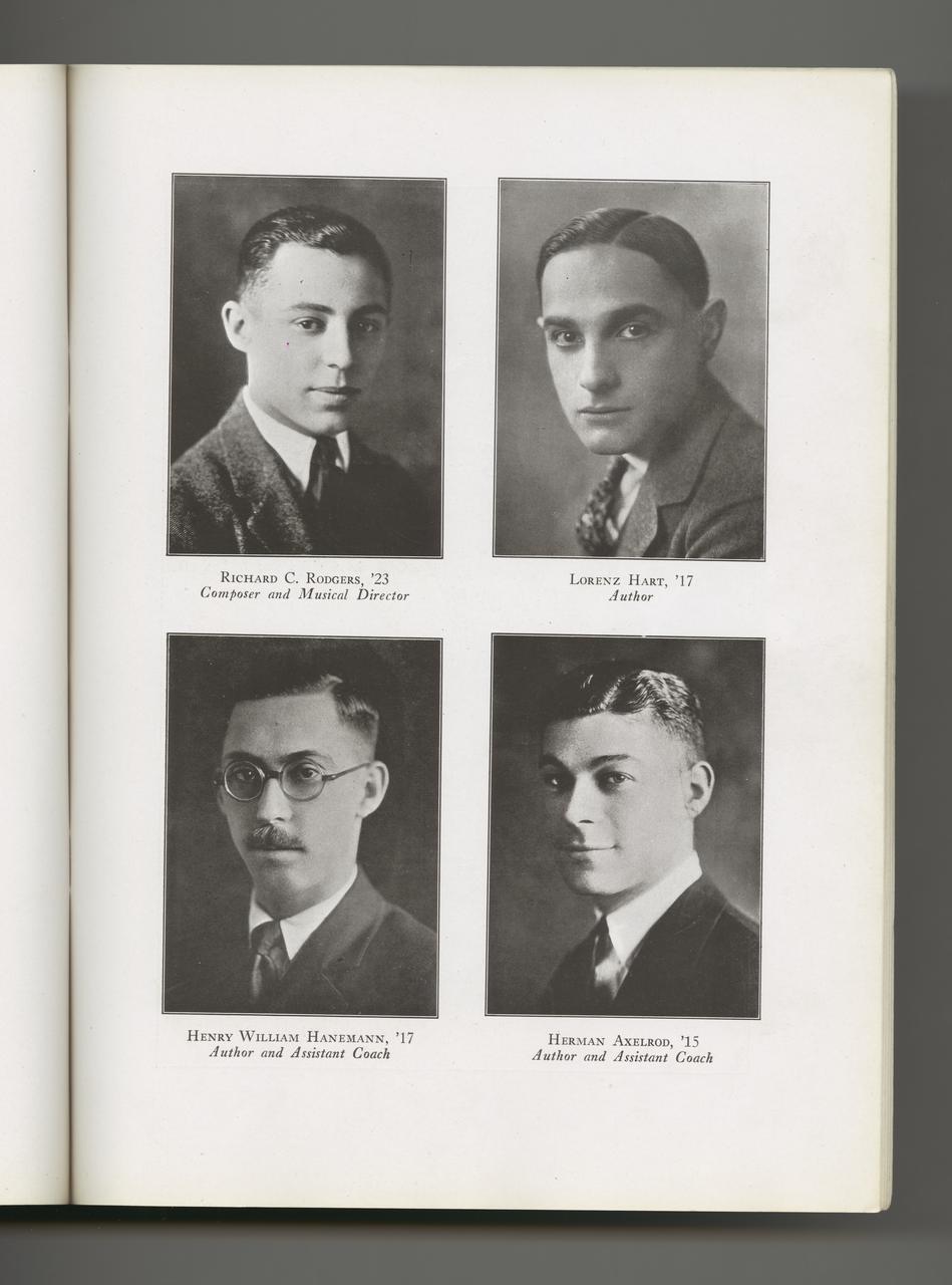 Page from 1921 Varsity Show "You'll Never Know" program featuring photos of production staff. Richard C. Rodgers is on the top left and Lorenz Hart is on the top right of this page.
