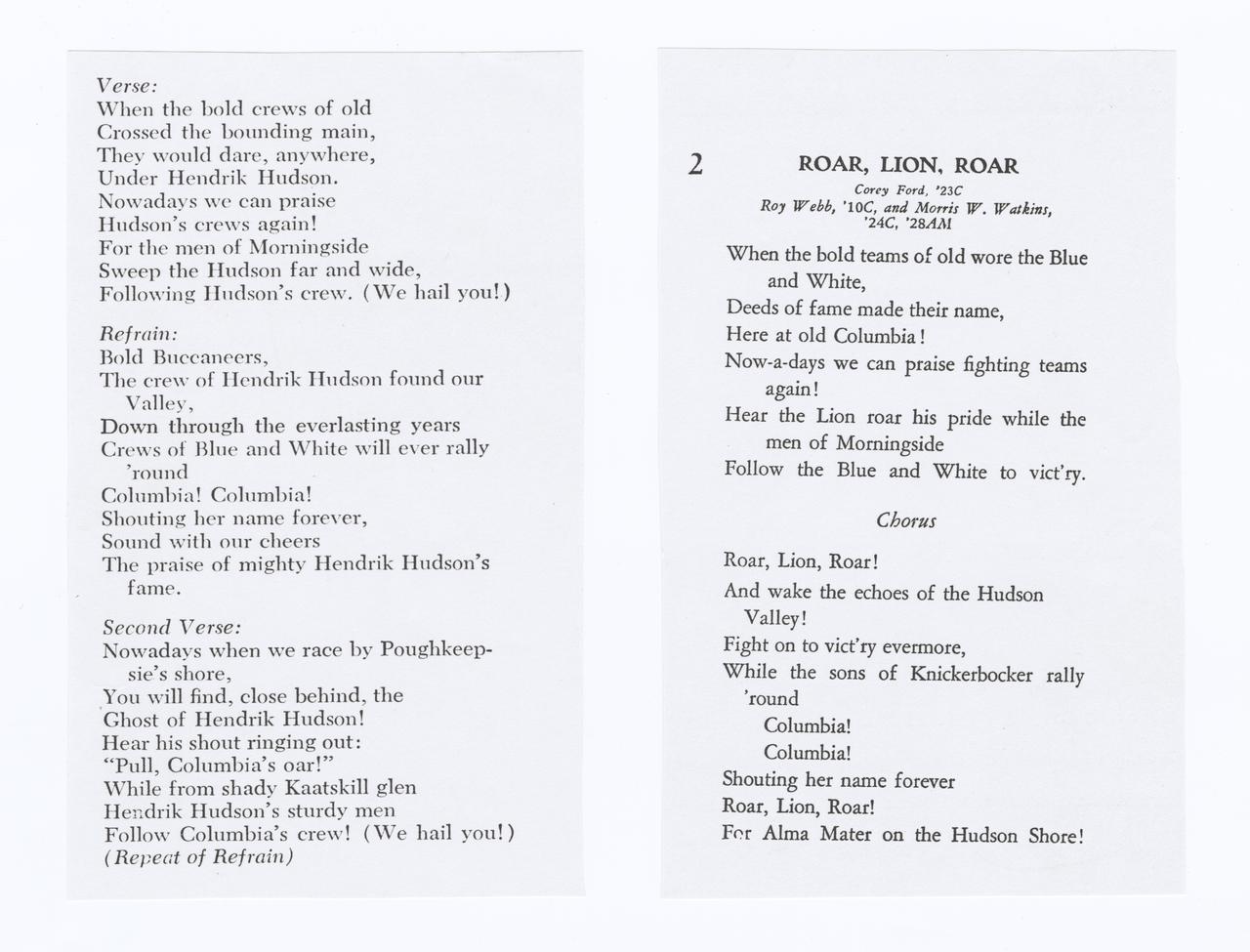 Printed text of lyrics to the song Bold Buccaneers (on the left) and Roar, Lion, Roar (on the right).